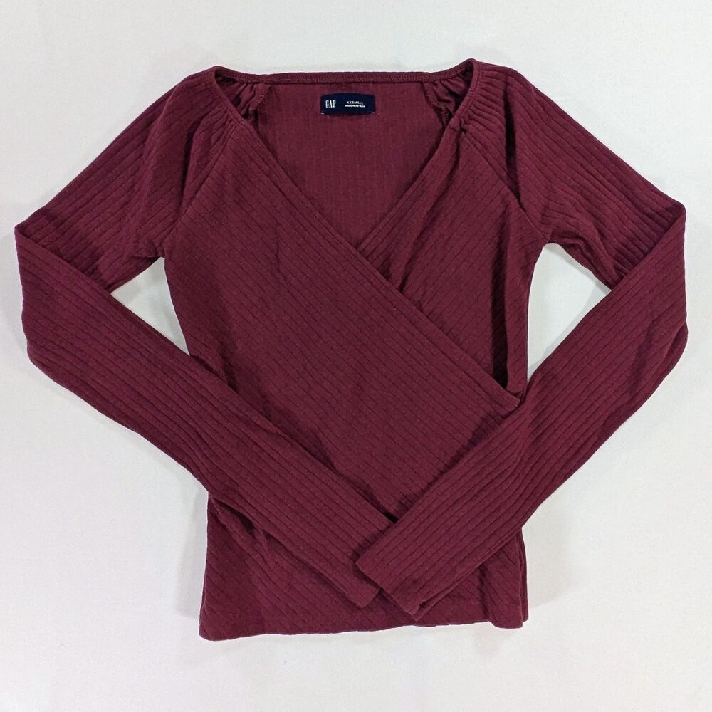 Gap Faux Wrap Women Top XXS  Burgundy Ribbed Long Sleeve Balletcore Whimsigoth